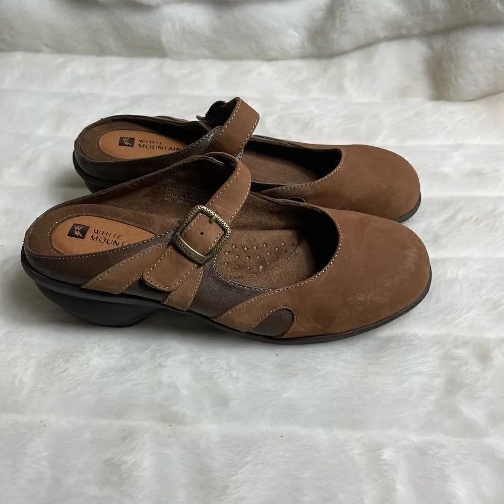White Mountain brown leather clogs with 2”heels adjustable strap size 8.…